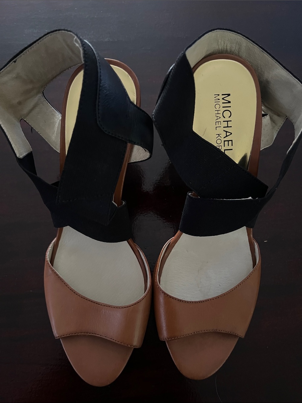 Michael Kors Tan and Black Leather Elastic-Strap Heels
